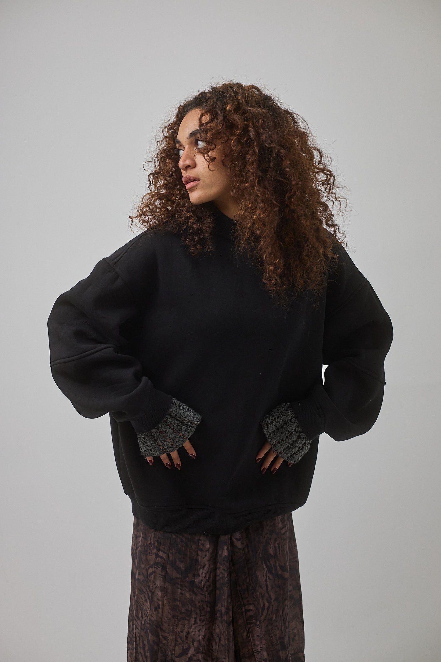 Crewneck with Crocheted Cuffs , Black