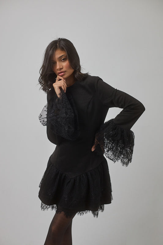 Suede Lace Dress, Black