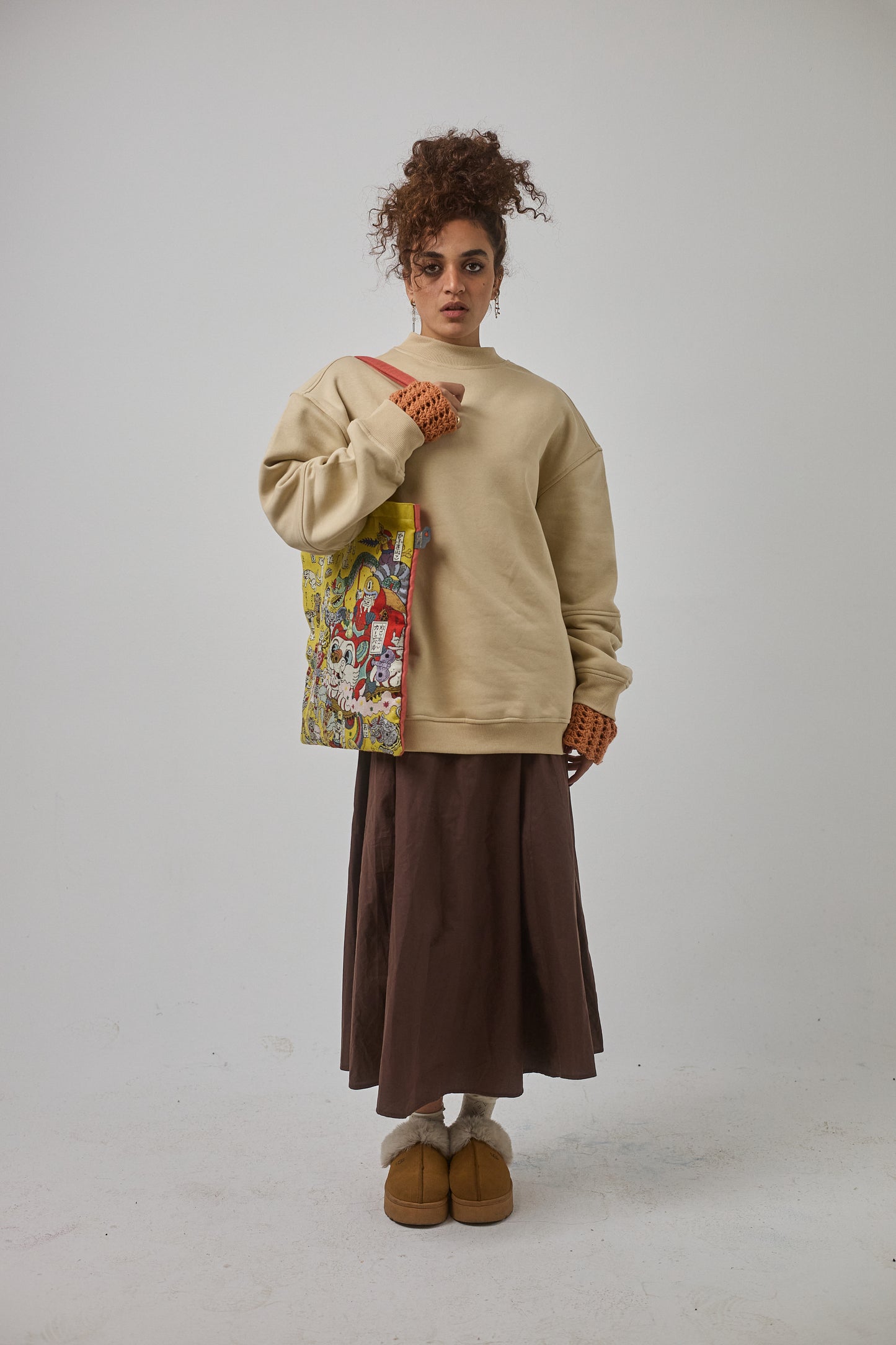 Crewneck with Crocheted Cuffs , Beige