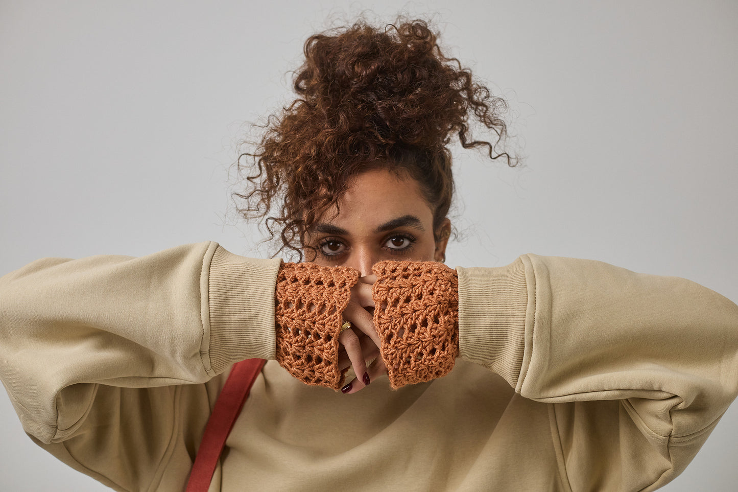 Crewneck with Crocheted Cuffs , Beige