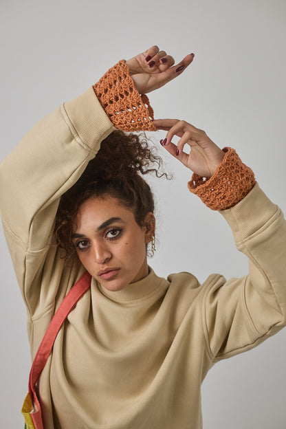 Crewneck with Crocheted Cuffs , Beige
