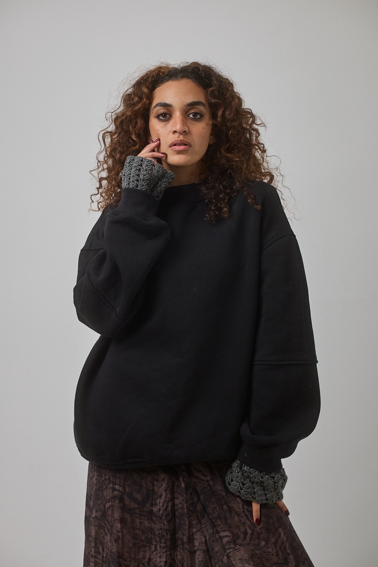 Crewneck with Crocheted Cuffs , Black