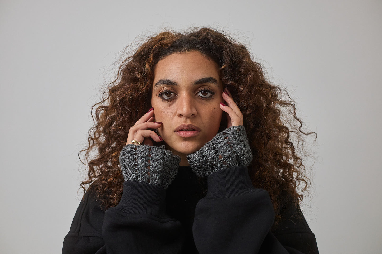 Crewneck with Crocheted Cuffs , Black