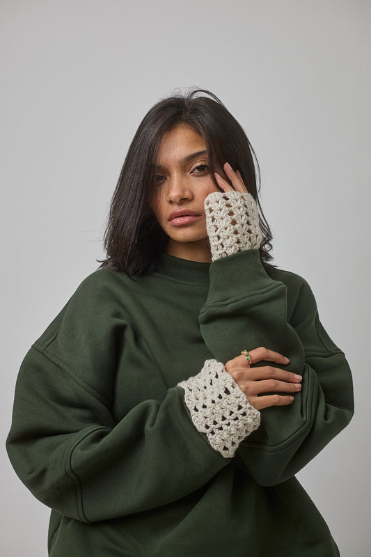 Crewneck with Crocheted Cuffs , Green
