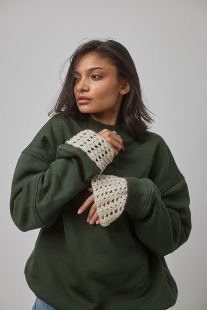 Crewneck with Crocheted Cuffs , Green