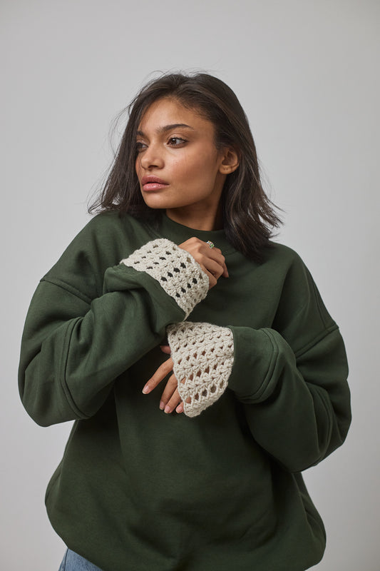 Crewneck with Crocheted Cuffs , Green
